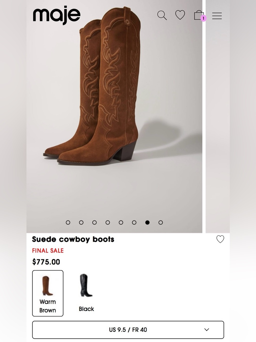 New Maje suede cowboy boots in “Warm Brown” premium leather suede sz 40 org $775